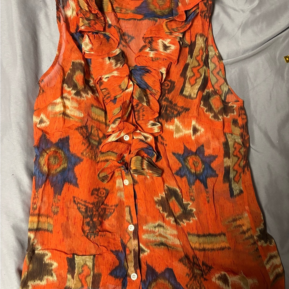 Ralph Lauren Silk Orange Patterned Ruffle Blouse